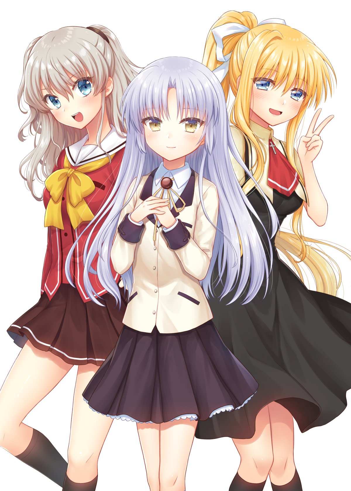 3girls air angel_beats! ascot beige_jacket black-dress black_legwear black_skirt blazer blonde_hair blue_eyes charlotte_(anime) commentary_request company_connection crossover feet_out_of_frame hair_ribbon hands_on_own_chest highres hoshinoumi_academy_uniform jacket kamio_misuzu key_(company) kneehighs long_hair looking_at_viewer multiple_girls nakamura_hinato pleated_skirt ponytail red_neckwear red_shirt ribbon sailor_collar sailor_shirt school_uniform shirt silver_hair skirt tachibana_kanade tomori_nao two_side_up v very_long_hair white_sailor_collar yellow_eyes yellow_shirt