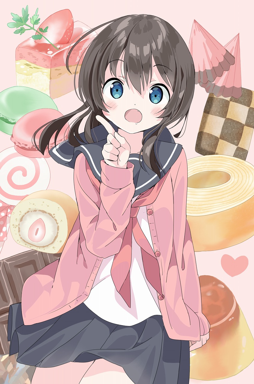 1girl bangs baumkuchen black_hair black_skirt blue_eyes blush cake candy cardigan checkerboard_cookie chocolate commentary_request cookie cowboy_shot drooling fang food fruit gelatin grey_sailor_collar grey_skirt hair_between_eyes heart highres index_finger_raised lollipop long_hair long_sleeves looking_at_viewer macaron neckerchief open_cardigan open_clothes open_mouth original pink_background pink_cardigan pink_sweater pleated_skirt pudding red_neckwear sailor_collar saliva school_uniform serafuku shirt skirt sleeves_past_wrists solo spiral strawberry sweater sweets swiss_roll tantan_men_(dragon) white_shirt