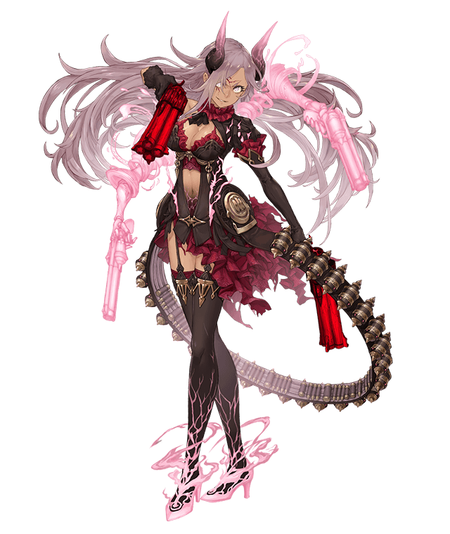1girl ammunition_belt black_gloves breasts bullet canister cinderella_(sinoalice) cracked_skin dark_skin extra_arms frills full_body garter_straps gloves grey_eyes grin gun hair_over_one_eye handgun high_heels horns ji_no large_breasts long_hair looking_at_viewer navel official_art purple_hair quadruple_wielding revolver sinoalice smile solo thigh-highs torn_clothes transparent_background very_long_hair weapon