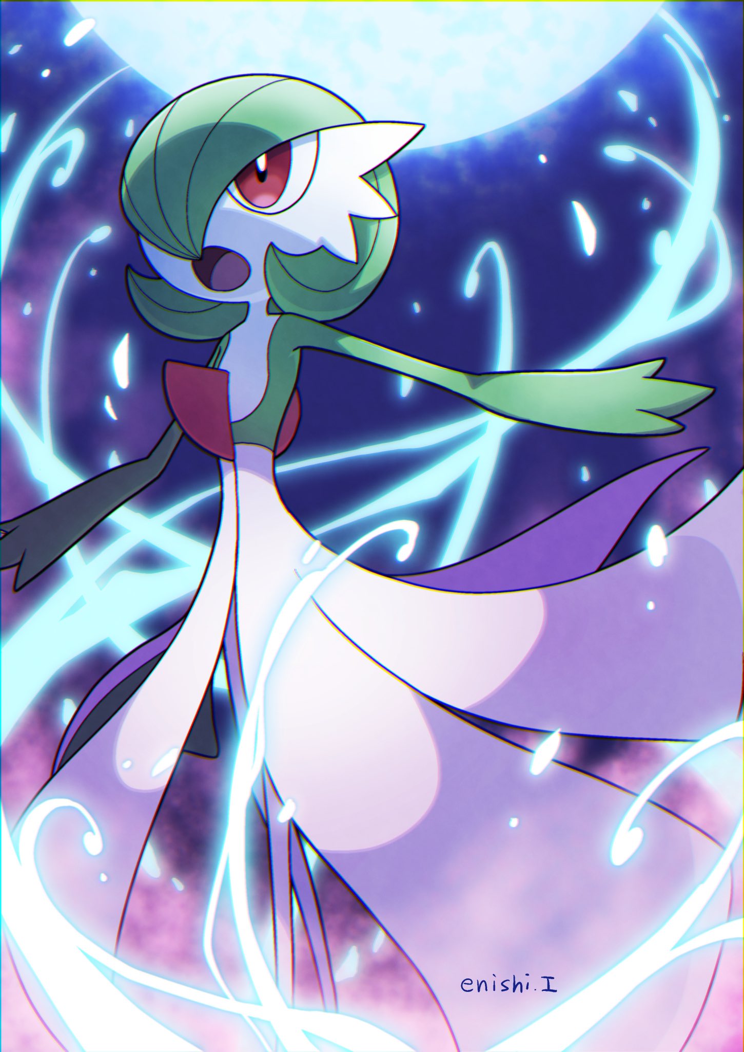 artist_name commentary_request energy enishi_shumi gardevoir gen_3_pokemon glowing highres open_mouth outstretched_arms pokemon pokemon_(creature) red_eyes tongue watermark