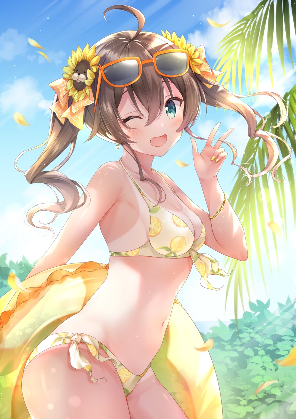 1girl ;d ahoge aqua_eyes bikini blue_sky blush breasts brown_hair clouds day eyewear_on_head fingernails flower hair_between_eyes hair_flower hair_ornament highres hololive long_hair looking_at_viewer medium_breasts nail_polish natsuiro_matsuri navel one-piece_tan one_eye_closed open_mouth outdoors petals sakura_moyon side-tie_bikini sky smile solo sunflower sunflower_hair_ornament sunglasses swimsuit tan tanline twintails v virtual_youtuber yellow_bikini yellow_nails