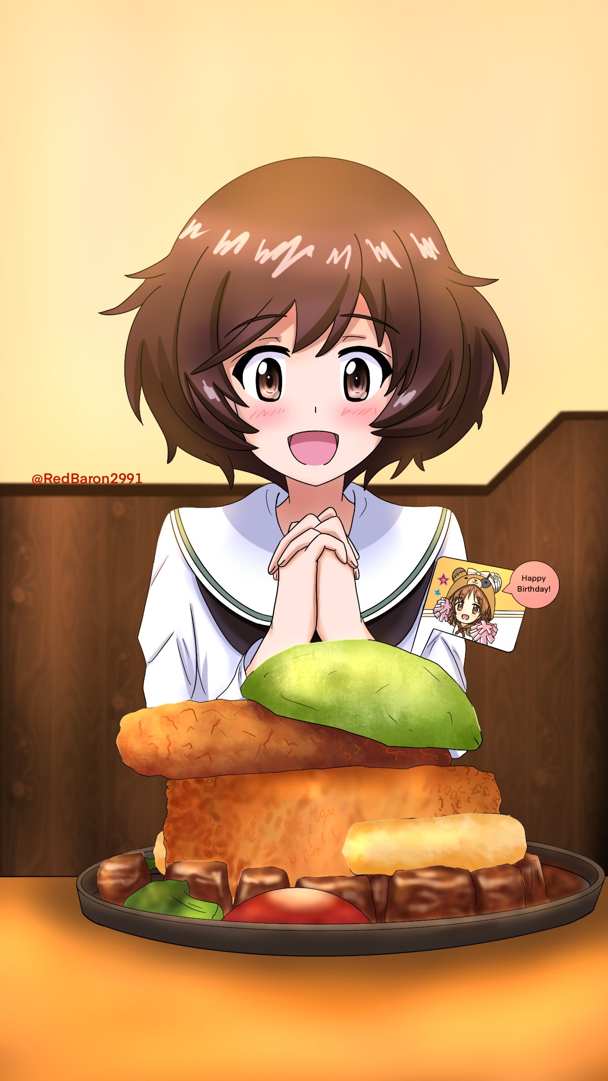 1girl :d akiyama_yukari animal_costume bangs bear_costume black_neckwear blouse boko_(girls_und_panzer) brown_eyes brown_hair character_name commentary english_text eyebrows_visible_through_hair food girls_und_panzer hands_together happy_birthday highres indoors interlocked_fingers light_blush long_sleeves messy_hair neckerchief nishizumi_miho ooarai_school_uniform open_mouth redbaron sailor_collar school_uniform serafuku short_hair smile solo tray twitter_username white_blouse white_sailor_collar