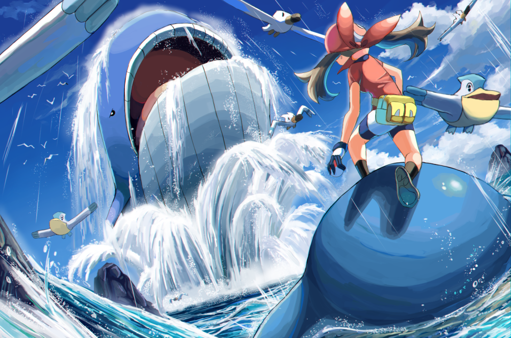 1girl bike_shorts black_legwear brown_hair clouds commentary_request day fanny_pack gen_3_pokemon may_(pokemon) outdoors pelipper pokemon pokemon_(creature) pokemon_(game) pokemon_rse red_bandana red_shirt rowdon shirt shoes shorts sky socks splashing wailmer wailord water white_shorts wingull