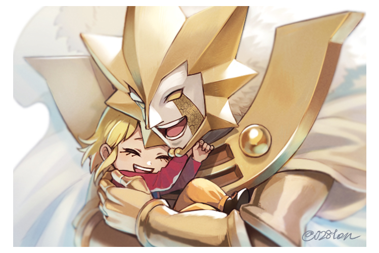 1boy 1girl armor arth_(konjiki_no_gash!!) blonde_hair cape carrying closed_eyes commentary ellie_(konjiki_no_gash!!) happy hug konjiki_no_gash!! open_mouth otton simple_background smile twitter_username yellow_eyes