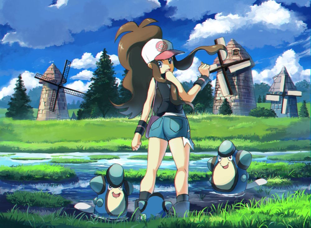 1girl baseball_cap black_vest black_wristband brown_hair clouds commentary_request day denim denim_shorts floating_hair gen_5_pokemon grass hand_up hat hilda_(pokemon) long_hair looking_back looking_down open_mouth outdoors palpitoad pokemon pokemon_(creature) pokemon_(game) pokemon_bw rowdon shorts sidelocks sky standing tongue tree vest water windmill wristband