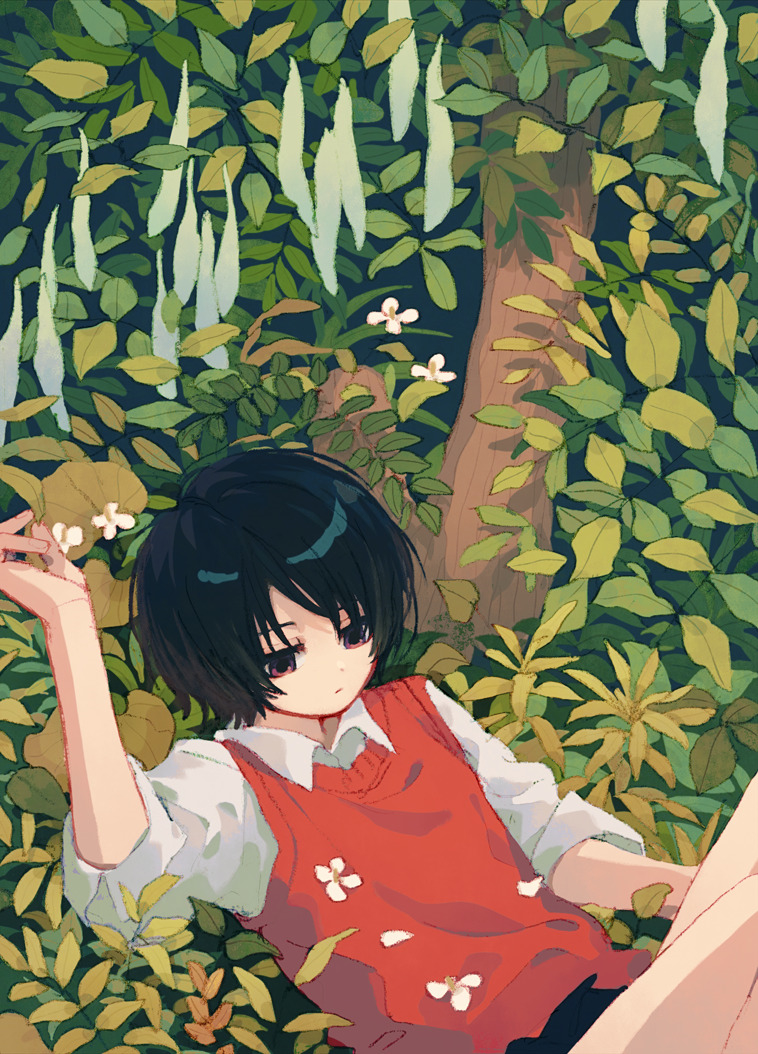 1boy black_hair bush closed_mouth collared_shirt flower hand_up jitome ka_(marukogedago) leaf long_sleeves lying male_focus on_back original red_eyes red_vest shirt short_hair sleeves_pushed_up solo tree vest white_flower wing_collar