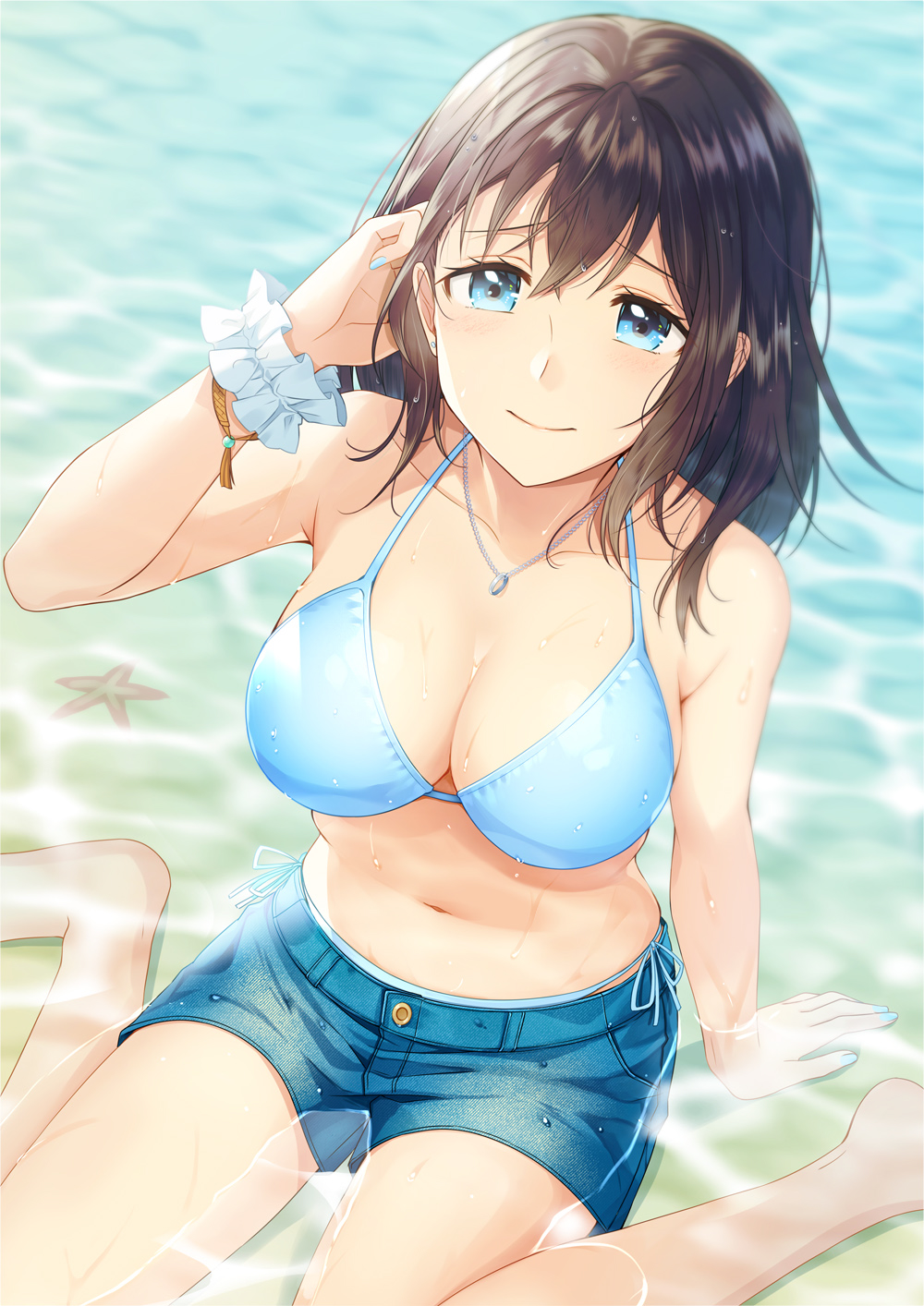 1girl bikini black_hair blue_bikini blue_eyes breasts denim denim_shorts highres jewelry large_breasts looking_at_viewer medium_hair mono_lith necklace ocean original shorts solo starfish swimsuit water wet