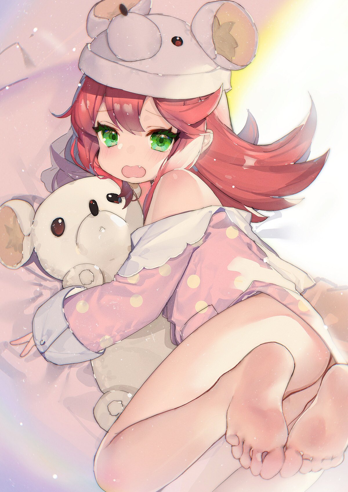 1girl acidear animal_hat ash_arms blush embarrassed fang feet green_eyes hair_between_eyes hat highres lying maus_(ash_arms) medium_hair on_side open_mouth pajamas redhead solo stuffed_animal stuffed_toy