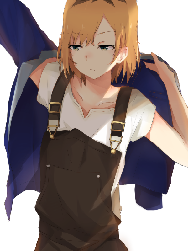 1girl brown_eyes brown_hair dressing expressionless jacket miyamori_aoi overalls shirobako short_hair simple_background tahita1874 white_background