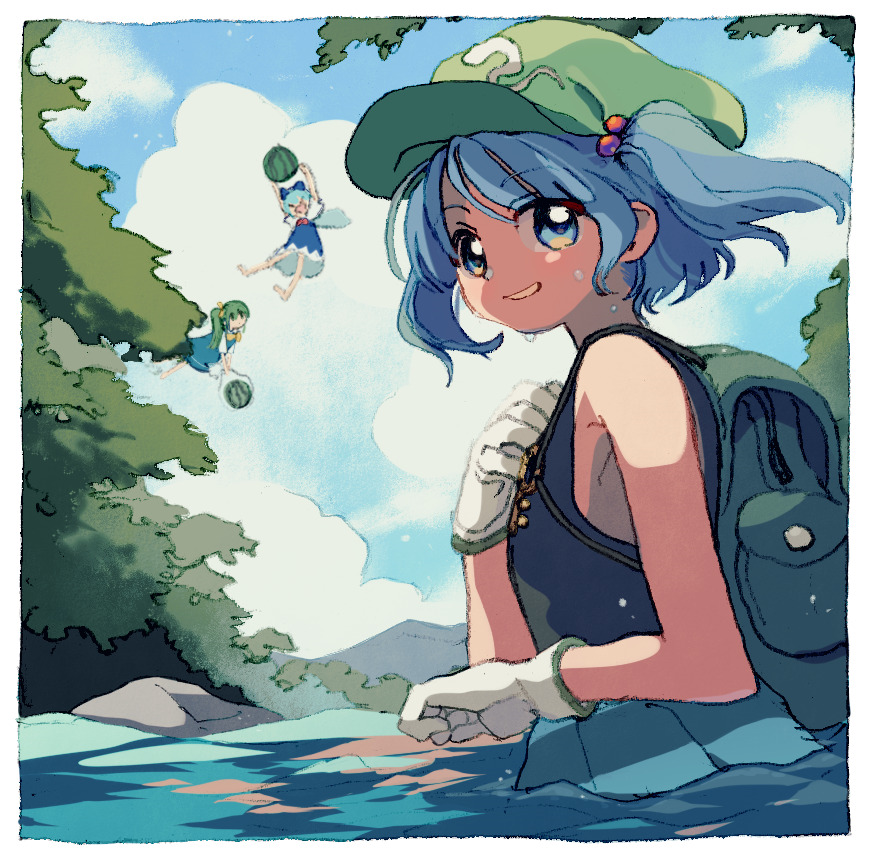 3girls backpack bag bare_shoulders blue_eyes blue_hair blue_sky border cabbie_hat cirno daiyousei day fairy_wings flying food from_side fruit gloves green_headwear hat ka_(marukogedago) kawashiro_nitori looking_at_viewer multiple_girls outdoors partially_submerged pleated_skirt skirt sky smile solo_focus sweat touhou twintails wading watermelon white_border white_gloves wings