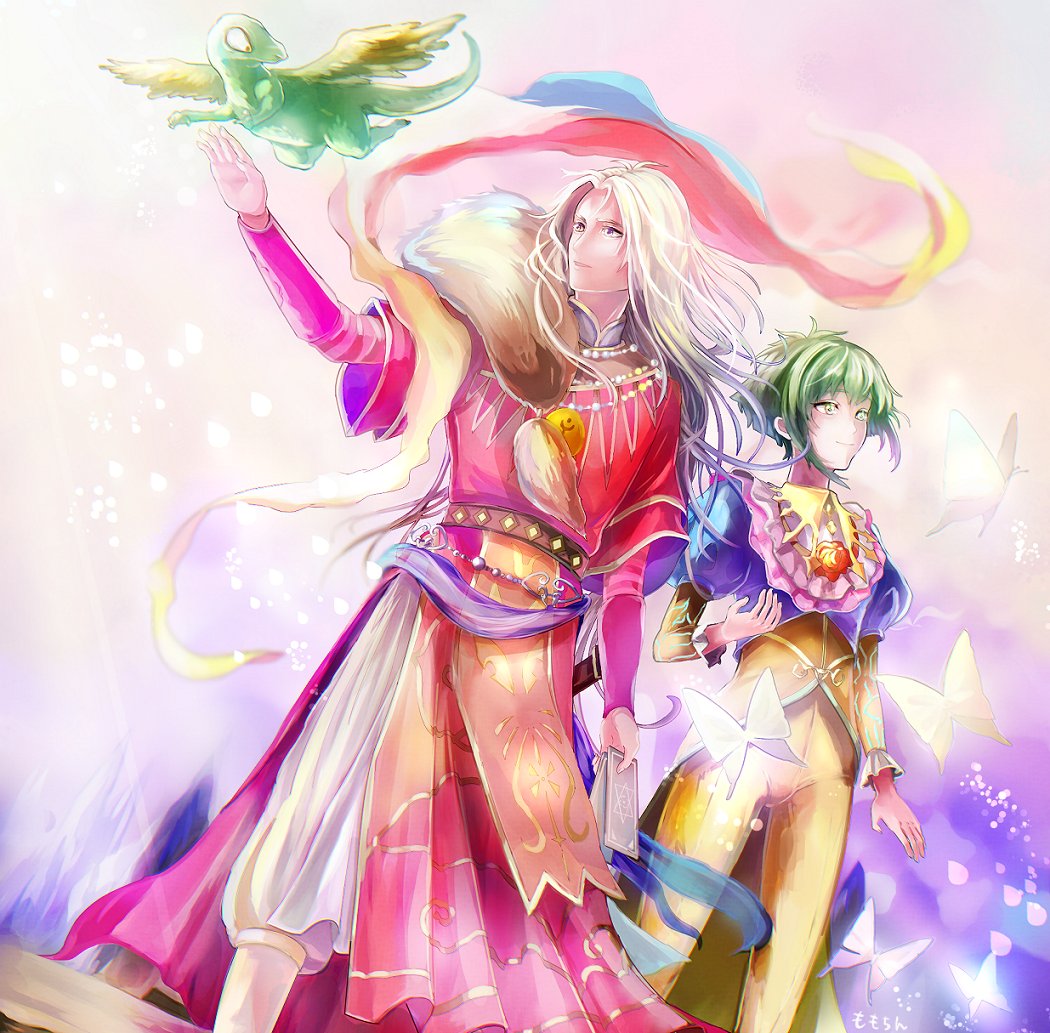 1boy 1girl animal artist_request asellus_(saga_frontier) bug butterfly closed_mouth dress flower fur_trim green_hair insect jewelry long_hair monster necklace red_flower red_rose rose rouge_(saga_frontier) saga saga_frontier short_hair smile white_hair