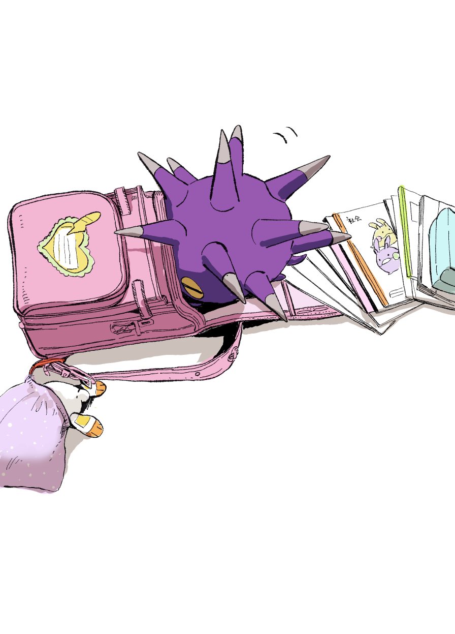 backpack bag book character_print commentary_request gen_8_pokemon highres no_humans open_bag pincurchin pokemon pokemon_(creature) scorbunny searching spikes takagori_(coicoimomi) yamper