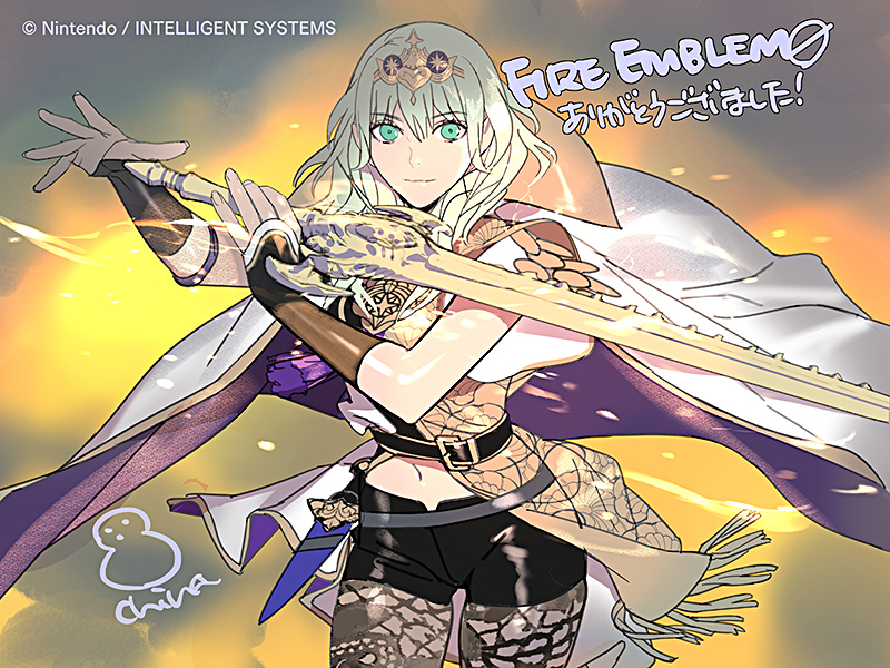 1girl armor bangs byleth_(fire_emblem) byleth_eisner_(female) cape company_name copyright_name fingerless_gloves fingers fire_emblem fire_emblem:_three_houses fire_emblem_cipher gloves green_hair hair_ornament hands looking_at_viewer medium_hair official_art pantyhose short_sleeves shorts smile solo tiara weapon