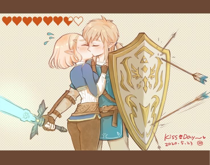 1boy 1girl arrow_(projectile) blonde_hair blush closed_eyes fingerless_gloves gloves hand_on_another's_chest health_bar hira_(otemoto84) kiss link low_ponytail master_sword pointy_ears ponytail princess_zelda shield short_hair short_ponytail sword the_legend_of_zelda the_legend_of_zelda:_breath_of_the_wild the_legend_of_zelda:_breath_of_the_wild_2 weapon