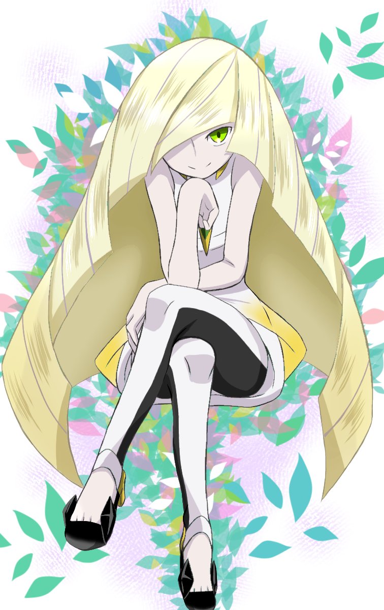 1girl blonde_hair closed_mouth commentary_request crossed_legs dress emapippi green_eyes hair_over_one_eye highres knees leggings long_hair looking_at_viewer lusamine_(pokemon) pokemon pokemon_(game) pokemon_sm shoes short_dress sleeveless sleeveless_dress smile solo very_long_hair white_dress