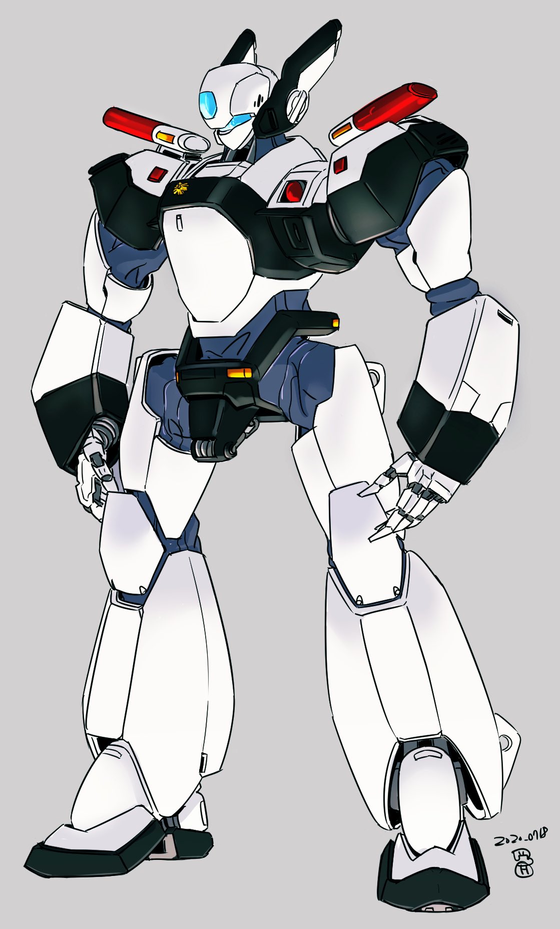 av-98_ingram_unit_2 dated grey_background highres kidou_keisatsu_patlabor looking_ahead mecha moi_moi7 no_humans open_hands police solo standing visor