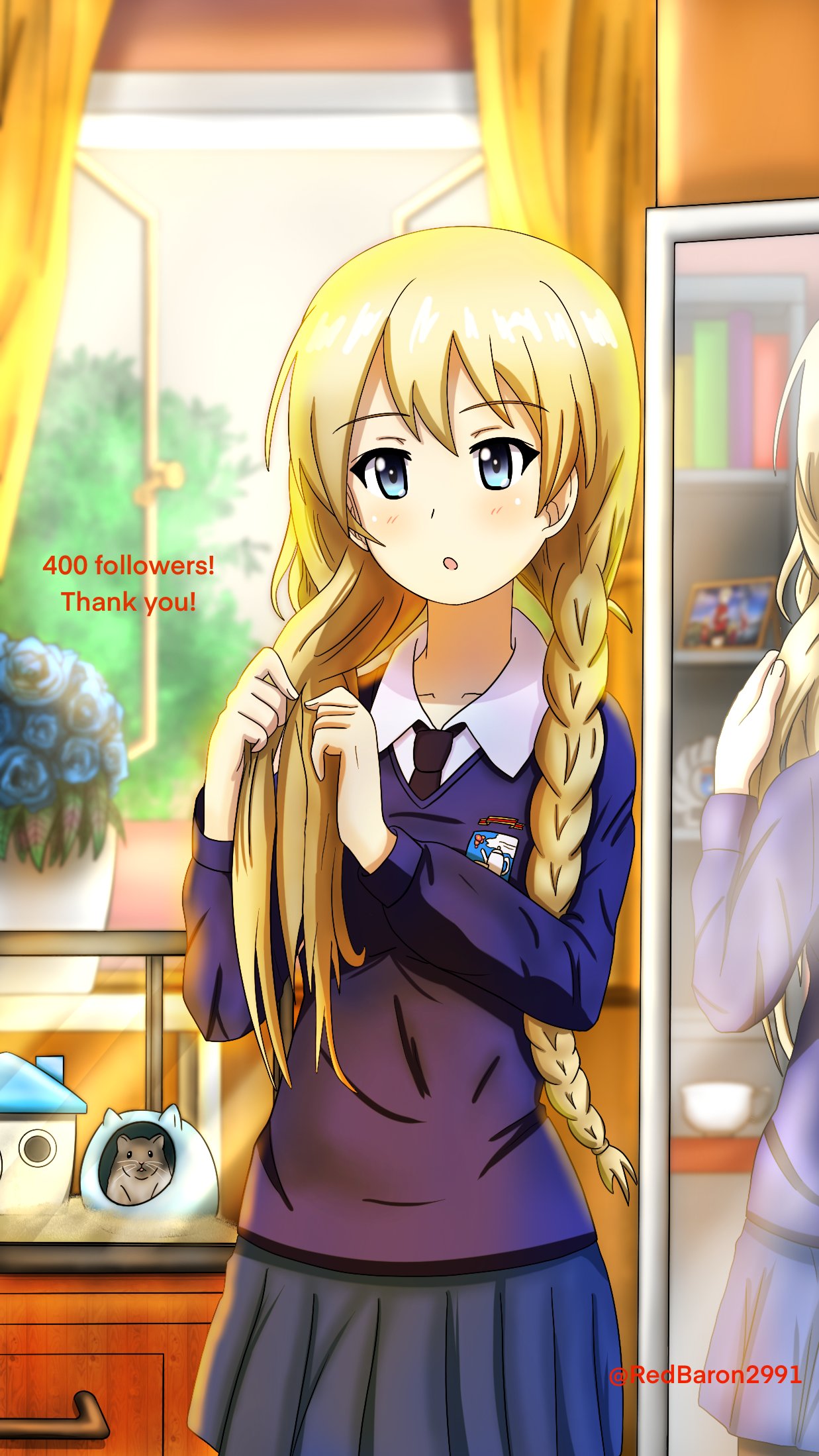 1girl :o adjusting_hair alternate_hair_length alternate_hairstyle bangs black_neckwear blonde_hair blue_eyes blue_flower blue_rose blue_skirt blue_sweater blurry blurry_background bouquet braid cup curtains darjeeling_(girls_und_panzer) depth_of_field dress_shirt emblem english_text eyebrows_visible_through_hair flower followers girls_und_panzer hair_down hair_over_shoulder hair_tie hamster hands_in_hair highres long_sleeves looking_at_viewer miniskirt mirror necktie parted_lips picture_frame pleated_skirt redbaron reflection rose school_uniform shirt skirt solo st._gloriana's_(emblem) st._gloriana's_school_uniform standing sunlight sweater teacup thank_you twin_braids twintails twitter_username v-neck white_shirt window wing_collar
