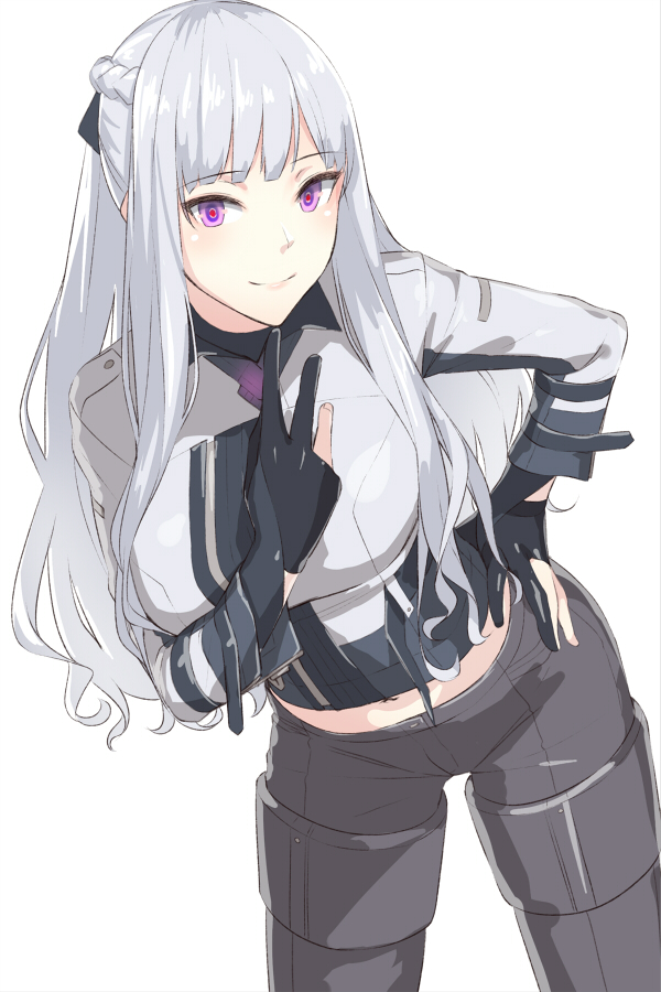 1girl ak-12_(girls_frontline) artificial_eye bangs bent_over black_gloves black_ribbon blush braid breasts commentary_request eyebrows_visible_through_hair girls_frontline gloves hair_ribbon kageshio_(276006) large_breasts long_hair mechanical_eye midriff partly_fingerless_gloves ribbon sidelocks silver_hair simple_background smile solo tactical_clothes violet_eyes white_background