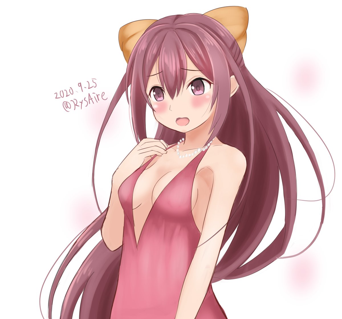 1girl alternate_costume ame-san breasts commentary_request dated dress jewelry kamikaze_(kantai_collection) kantai_collection long_hair necklace open_mouth pearl_necklace pink_dress plunging_neckline purple_hair small_breasts solo twitter_username upper_body violet_eyes white_background