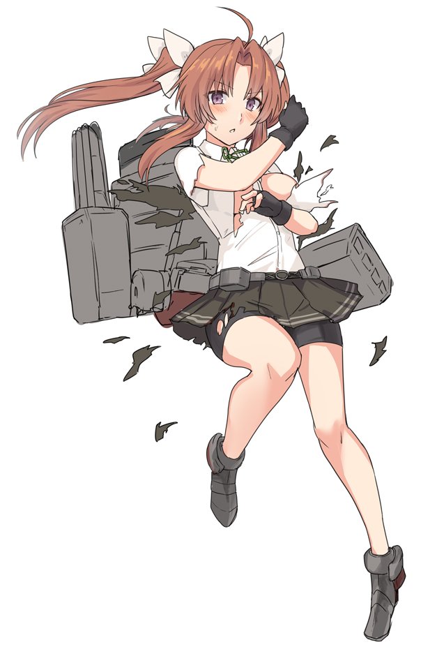 1girl ahoge ankle_boots bangs bike_shorts black_gloves blush boots bow breasts brown_hair character_request collared_shirt exploding_clothes fingerless_gloves floating_hair full_body gloves green_neckwear green_ribbon grey_skirt hair_bow hands_up kantai_collection long_hair looking_at_viewer machinery medium_breasts neck_ribbon parted_bangs parted_lips pleated_skirt ribbon rigging shirt shiseki_hirame simple_background skirt solo torn_clothes torn_shirt twintails white_background white_bow wing_collar