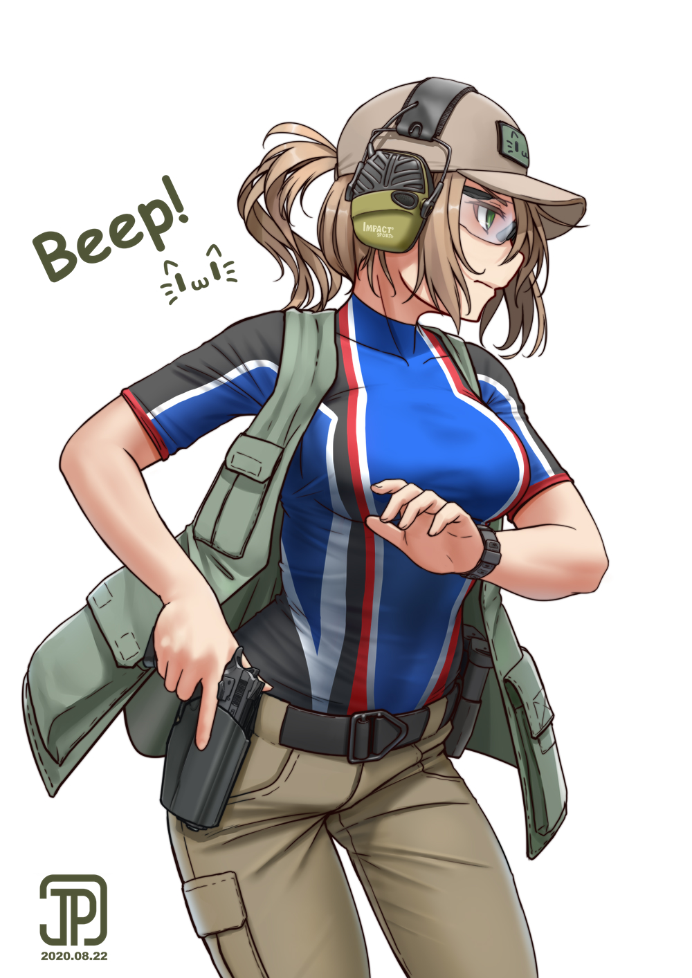 1girl artist_logo baseball_cap belt breasts brown_hair brown_pants collarbone covered_collarbone covered_navel cowboy_shot cz-75 cz-75_(girls_frontline) dated girls_frontline glasses green_eyes gun handgun hat headphones highres jpc khakis linea_alba looking_away medium_breasts open_clothes open_vest pants ponytail shirt short_ponytail sidelocks simple_background solo t-shirt taut_clothes taut_shirt vest watch weapon