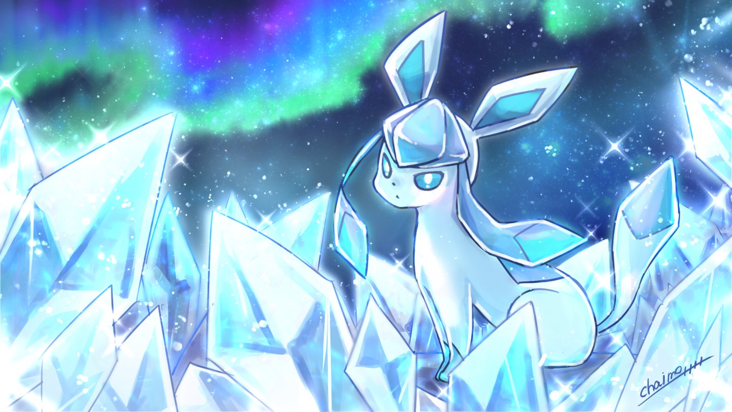 blue_eyes chaimo_box closed_mouth commentary_request crystal gen_4_pokemon glaceon looking_at_viewer looking_to_the_side no_humans pokemon pokemon_(creature) signature sparkle watermark