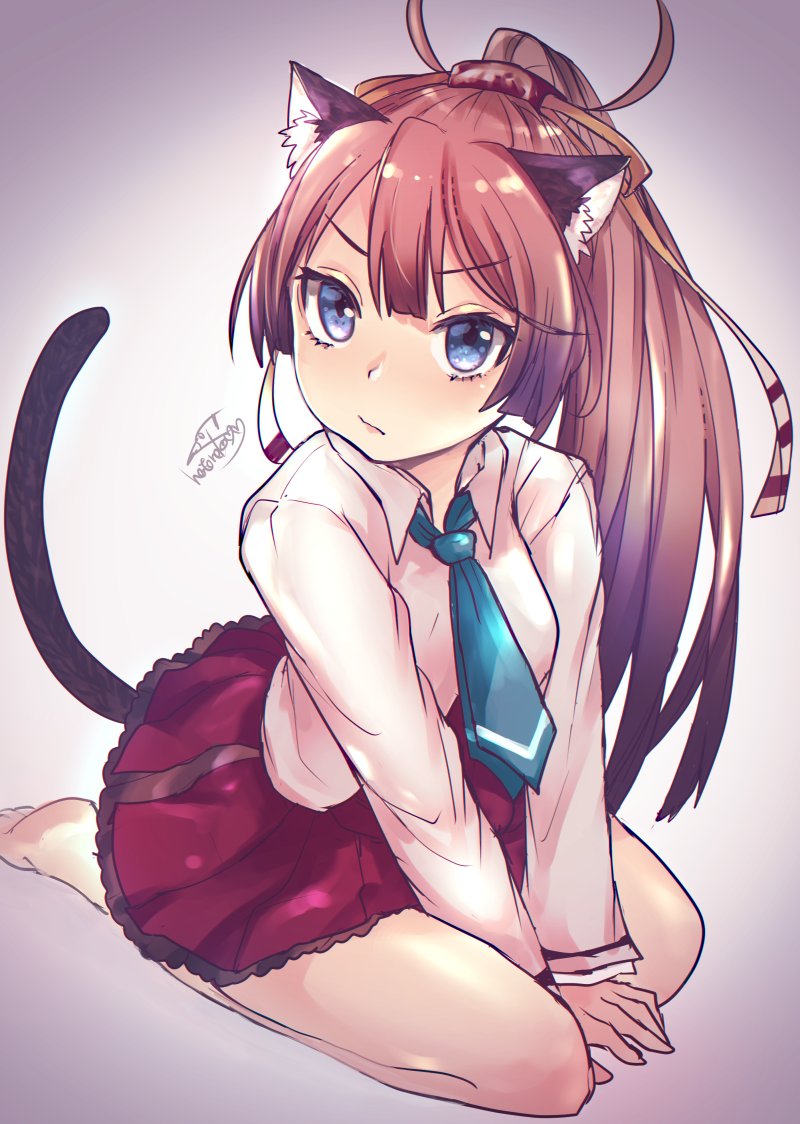 1girl animal_ears barefoot brown_hair cat_ears cat_tail commentary_request dress_shirt grey_eyes hair_ribbon hatoneko kantai_collection kazagumo_(kantai_collection) long_hair long_sleeves looking_at_viewer necktie ponytail remodel_(kantai_collection) ribbon seiza shirt signature sitting solo tail tsurime white_shirt