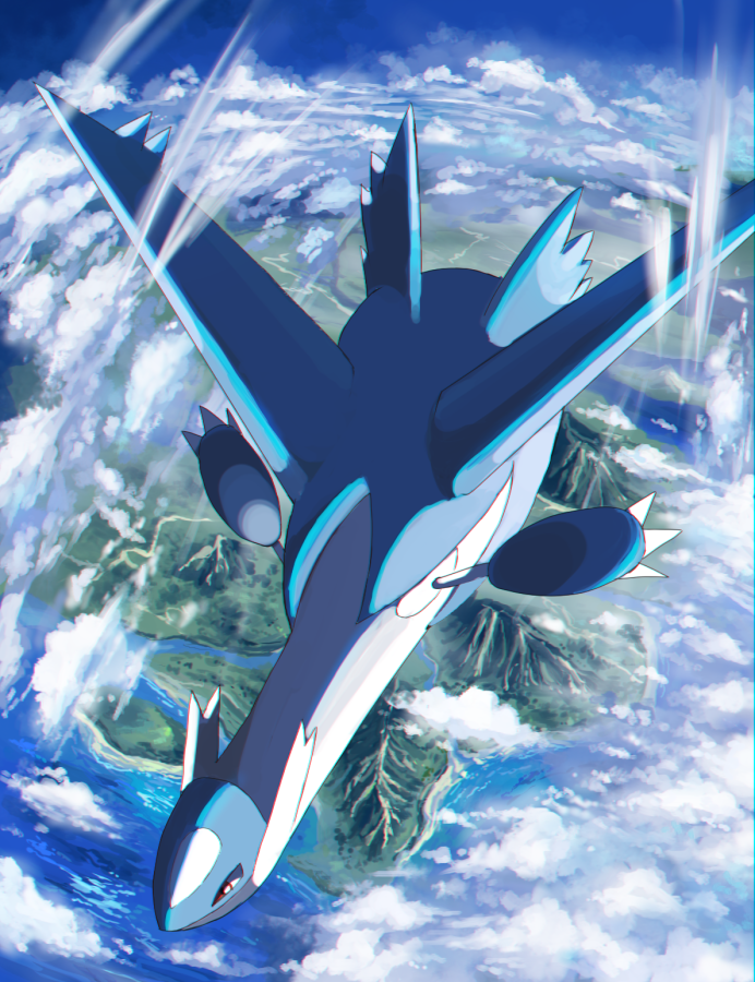 above_clouds claws clouds commentary_request day gen_3_pokemon latios legendary_pokemon mountain no_humans ocean pokemon pokemon_(creature) red_eyes river rowdon water