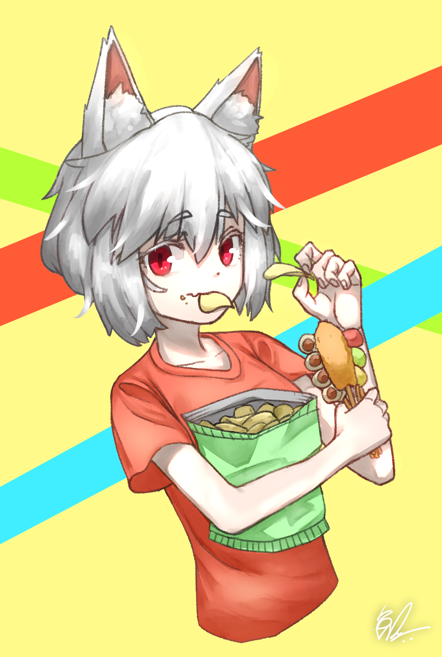 1641_(chfhrtor94) 1girl animal_ear_fluff animal_ears bocchan_dango casual chips commentary_request cropped_torso dango eating food food_in_mouth food_on_face grey_hair hand_up highres holding holding_food inubashiri_momiji korean_commentary looking_at_viewer potato_chips raised_eyebrows red_eyes red_shirt shirt short_hair signature skewer striped striped_background t-shirt touhou upper_body wagashi wolf_ears yellow_background