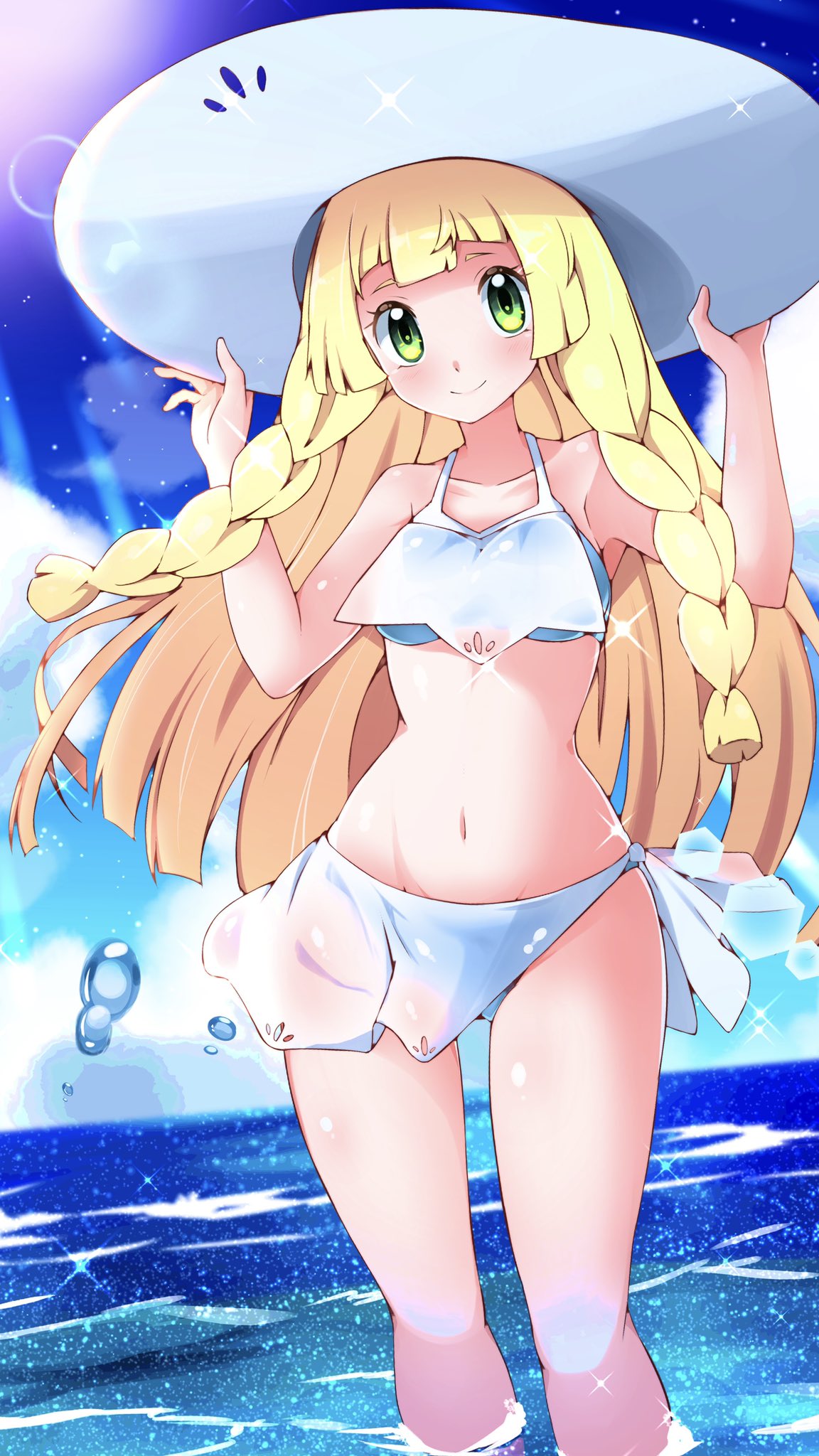 1girl bangs blonde_hair blush braid closed_mouth clouds collarbone commentary_request day eyelashes green_eyes hands_on_headwear hands_up hat highres lens_flare lillie_(pokemon) long_hair looking_at_viewer miyama-san navel outdoors pokemon pokemon_(game) pokemon_sm shiny shiny_skin sky smile solo sparkle standing swimsuit twin_braids wading water water_drop white_headwear