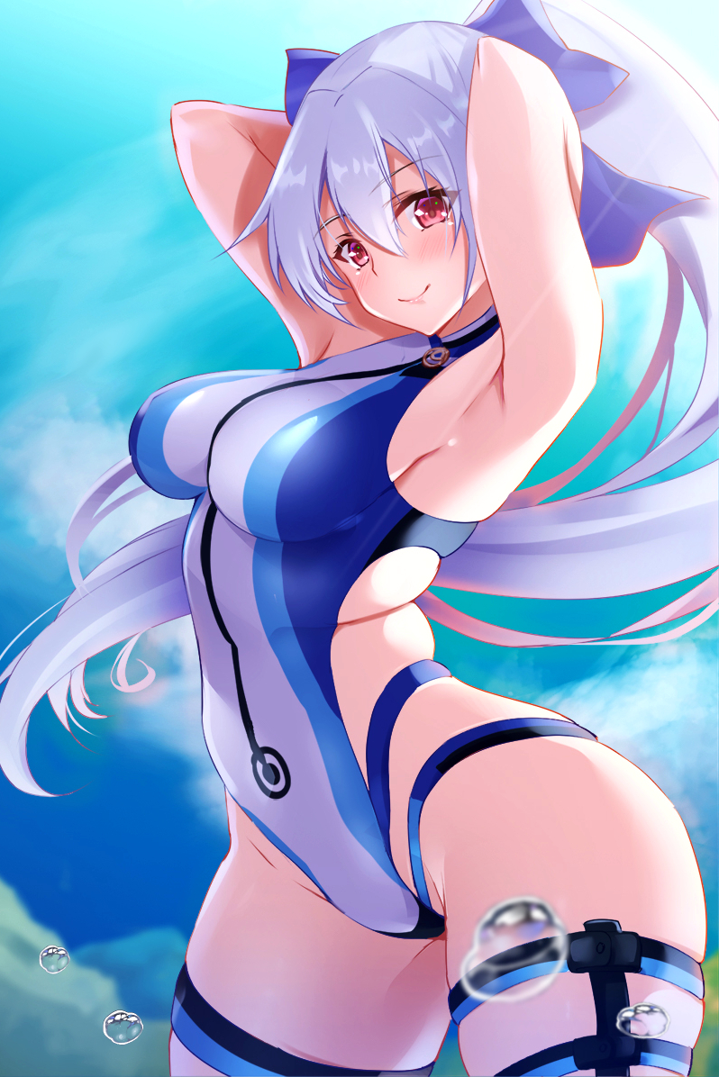 1girl arched_back armpits arms_behind_head arms_up bangs bare_shoulders blue_bow blue_sky blue_swimsuit blush bow breasts closed_mouth fate/grand_order fate_(series) hair_bow highleg highleg_swimsuit kurenai_(kurenai_pso) large_breasts long_hair looking_at_viewer one-piece_swimsuit ponytail red_eyes silver_hair sky smile swimsuit thigh_strap thighs tomoe_gozen_(fate/grand_order) tomoe_gozen_(swimsuit_saber)_(fate) two-tone_swimsuit very_long_hair water_drop white_swimsuit