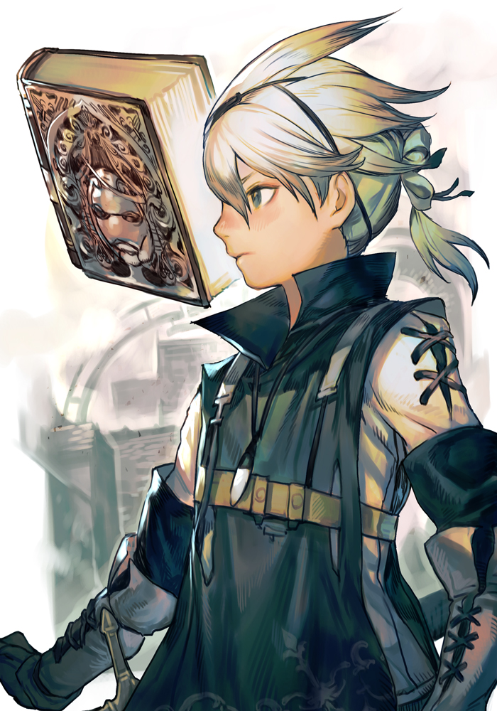 1boy blue_eyes book boots closed_mouth expressionless gauntlets gloves grimoire_weiss hair_ornament hairband hairclip hankuri high_collar hankuri katana long_sleeves looking_at_viewer male_focus nier nier_(series) nier_(young) profile short_hair short_ponytail simple_background solo standing sword weapon white_hair