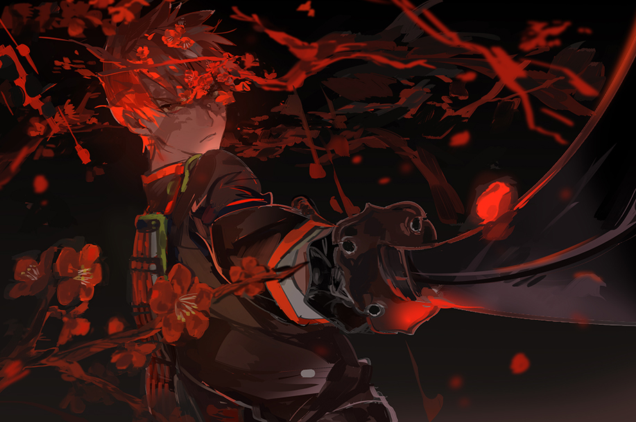 1boy aiming armor bangs black_gloves closed_mouth dark flower from_side frown gloves holding holding_sword holding_weapon japanese_armor koby long_sleeves looking_away looking_to_the_side male_focus ookanehira_(touken_ranbu) outstretched_arm petals red_flower red_theme redhead solo sword touken_ranbu tree_branch upper_body weapon