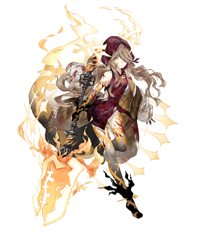 1girl animal_ears black_skin blonde_hair blood blood_on_face blood_splatter bloody_clothes corruption empty_eyes full_body full_body_tattoo glowing_tattoo hair_over_one_eye hood hoodie ji_no little_red_riding_hood_(sinoalice) long_hair looking_at_viewer official_art orange_eyes pale_skin reality_arc_(sinoalice) shaded_face shovel sinoalice sleeveless solo tail tattoo torn_clothes transparent_background two-tone_skin