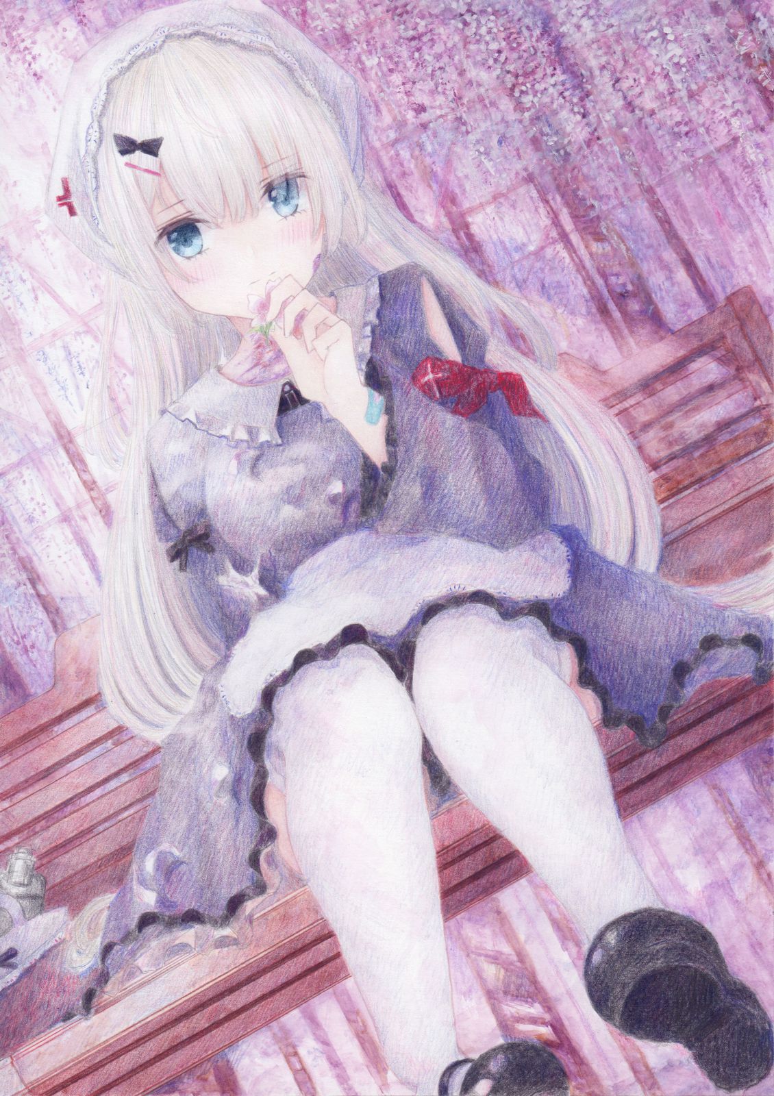 apron bench black_dress blue_eyes blush cherry_blossoms colored_pencil_(medium) darkkanan dress graphite_(medium) hat headdress highres lolita_fashion long_hair looking_at_viewer nurse nurse_cap original outdoors scared shoes sitting thigh-highs traditional_media watercolor_(medium) white_hair white_legwear