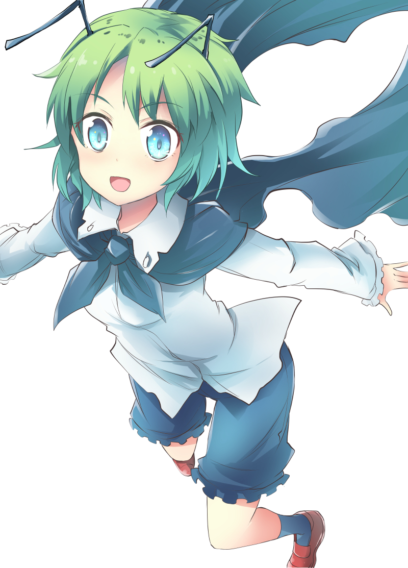 1girl antennae bangs black_cape blue_eyes blue_pants brown_footwear cape eyebrows_visible_through_hair from_above green_hair long_sleeves looking_at_viewer open_mouth outstretched_arms pants shirt short_hair solo spread_arms suichuu_hanabi touhou white_shirt white_sleeves wriggle_nightbug