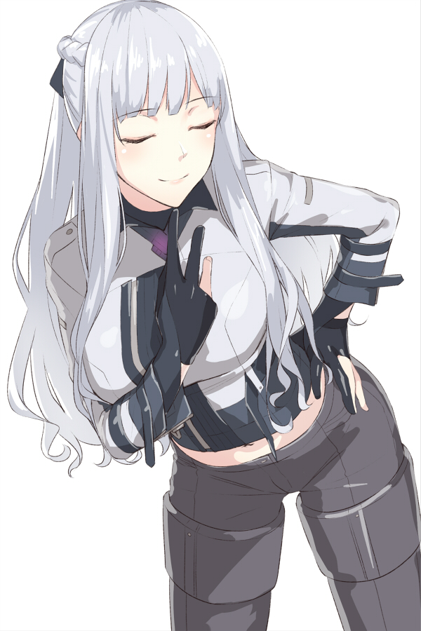 1girl ak-12_(girls_frontline) bangs bent_over black_gloves black_ribbon blush braid breasts closed_eyes commentary_request eyebrows_visible_through_hair girls_frontline gloves hair_ribbon kageshio_(276006) large_breasts long_hair midriff partly_fingerless_gloves ribbon sidelocks silver_hair simple_background smile solo tactical_clothes white_background