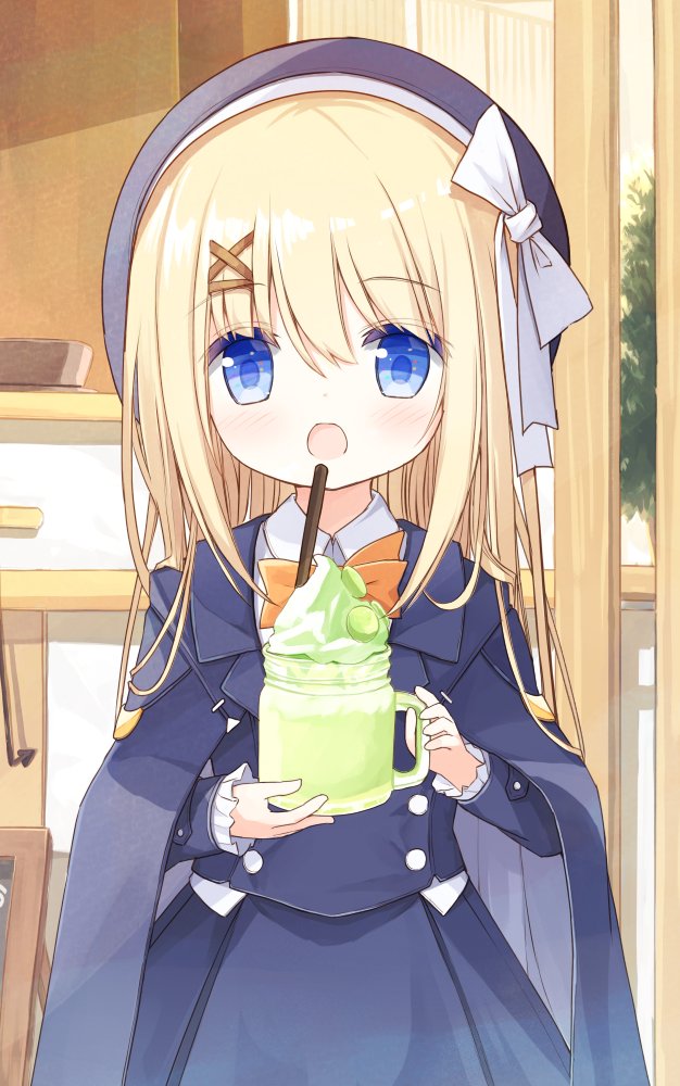 1girl :d bangs beret blonde_hair blue_cape blue_eyes blue_headwear blue_jacket blue_skirt blush bow brown_bow cape collared_shirt commentary_request cup drinking_straw eyebrows_visible_through_hair flower_girl_(yuuhagi_(amaretto-no-natsu)) hair_between_eyes hair_bow hair_ornament hairclip hands_up hat holding holding_cup jacket long_hair long_sleeves looking_at_viewer open_mouth original pleated_skirt shirt skirt sleeves_past_wrists smile solo standing white_bow white_shirt x_hair_ornament yuuhagi_(amaretto-no-natsu)