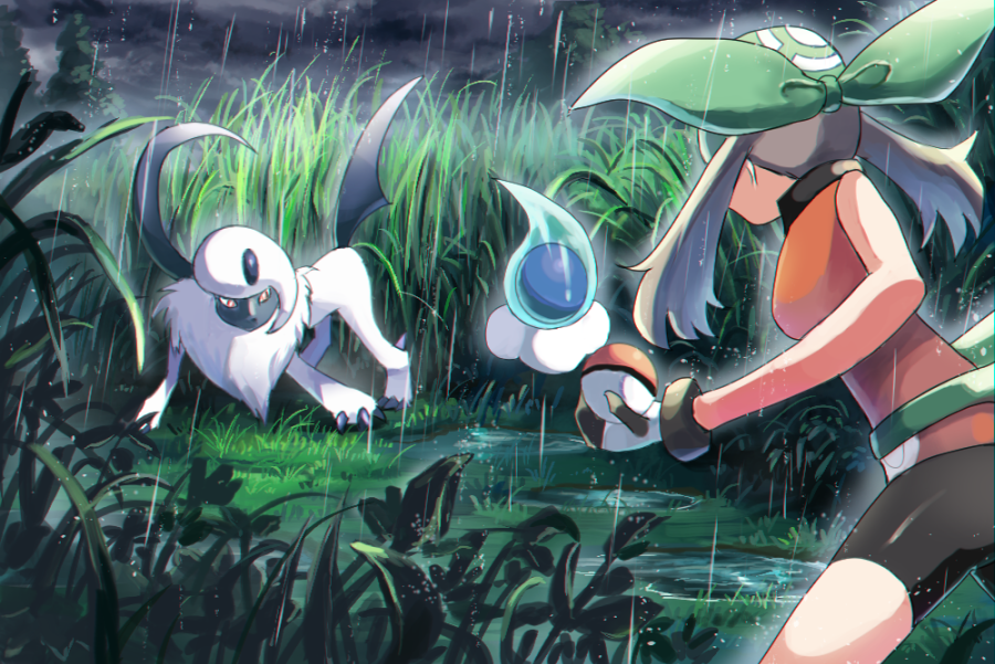 1girl absol bare_arms battle bike_shorts brown_hair castform castform_(rainy) commentary_request foliage gen_3_pokemon gloves grass green_bandana holding holding_poke_ball legs_apart may_(pokemon) poke_ball poke_ball_(basic) pokemon pokemon_(creature) pokemon_(game) pokemon_emerald pokemon_rse puddle rain rowdon shiny standing tall_grass tree twintails water