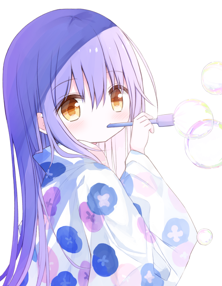 1girl bangs blush brown_eyes bubble bubble_blowing eyebrows_visible_through_hair floral_print hair_between_eyes holding japanese_clothes kimono long_hair long_sleeves looking_at_viewer looking_to_the_side original print_kimono purple_hair simple_background solo upper_body white_background white_kimono wide_sleeves yuuhagi_(amaretto-no-natsu)