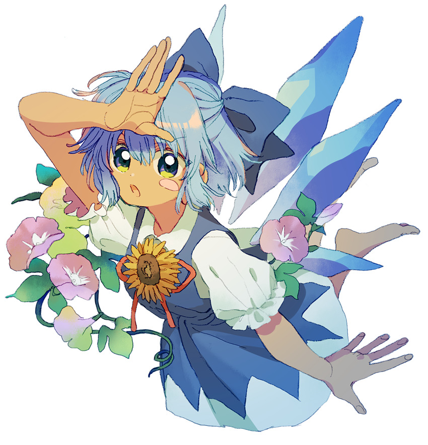 1girl barefoot blue_bow blue_dress blue_hair blush_stickers bow cirno dark_skin dress fingernails flower flying green_eyes hair_bow hand_up ice ice_wings ka_(marukogedago) looking_at_viewer parted_lips pinafore_dress pink_flower puffy_short_sleeves puffy_sleeves shirt short_sleeves simple_background solo tan tanned_cirno touhou white_background white_shirt wings