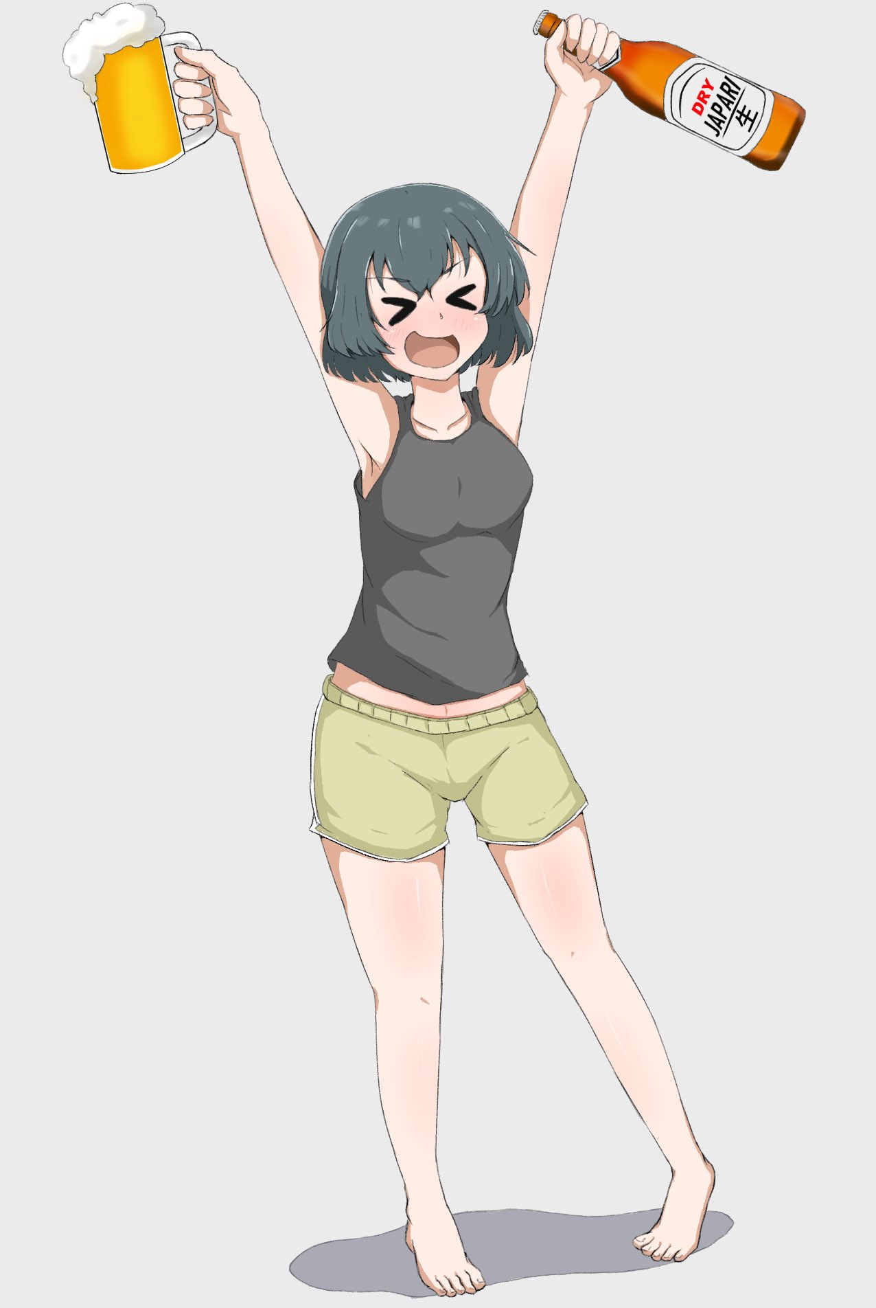 &gt;_&lt; 1girl alcohol armpits arms_up bare_shoulders barefoot beer beer_bottle beer_mug black_hair black_tank_top blush breasts closed_eyes collarbone cup drunk eyebrows_visible_through_hair feet full_body highres kaban_(kemono_friends) kemono_friends medium_breasts mug nyaru_(pixiv43108714) open_mouth shadow shiny shiny_hair shiny_skin short_hair shorts simple_background solo tank_top white_background yellow_shorts