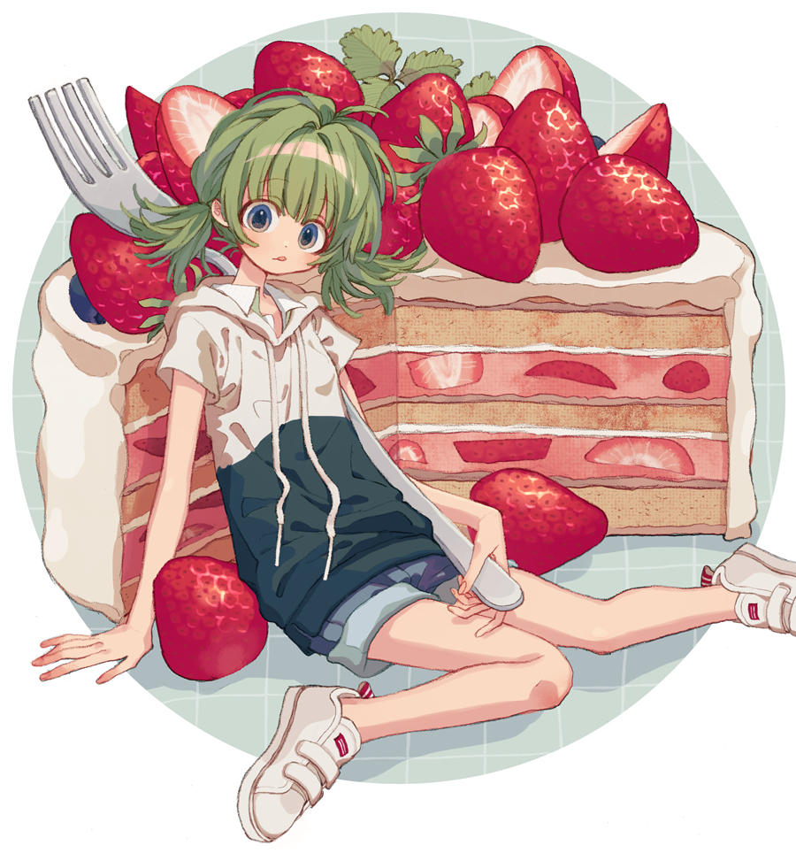 1girl :p arm_support blue_eyes blue_shorts blush closed_mouth fingernails food fork fruit green_hair holding holding_fork hood hood_down hoodie ka_(marukogedago) knees_together_feet_apart looking_at_viewer low_twintails minigirl original shoes short_sleeves shorts solo strawberry strawberry_shortcake tongue tongue_out twintails white_footwear
