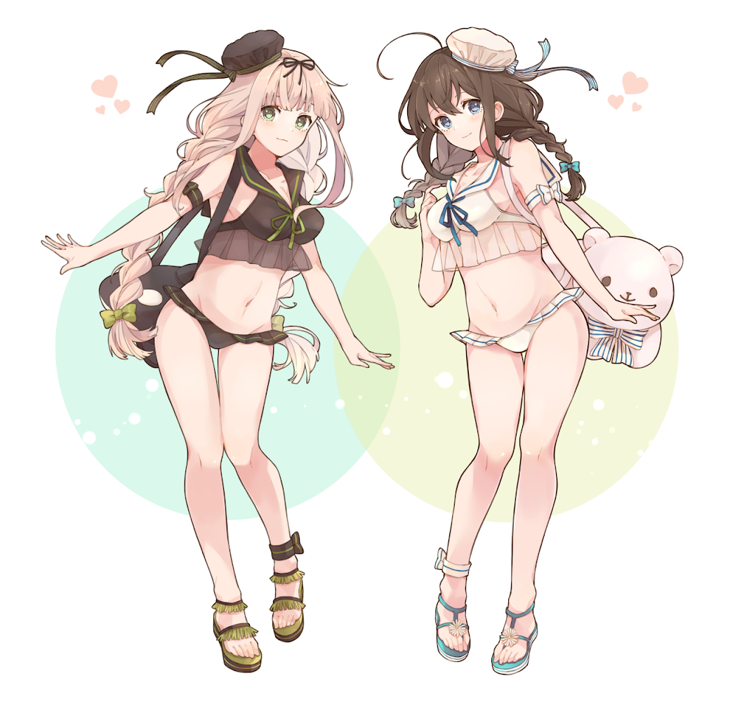 2girls black_clothes black_swimsuit blonde_hair brown_hair hair_ornament hair_ribbon hat kantai_collection long_hair multiple_girls ribbon sandals shakemi_(sake_mgmgmg) shigure_(kantai_collection) swimsuit twintails wet wet_clothes white_swimsuit yuudachi_(kantai_collection)