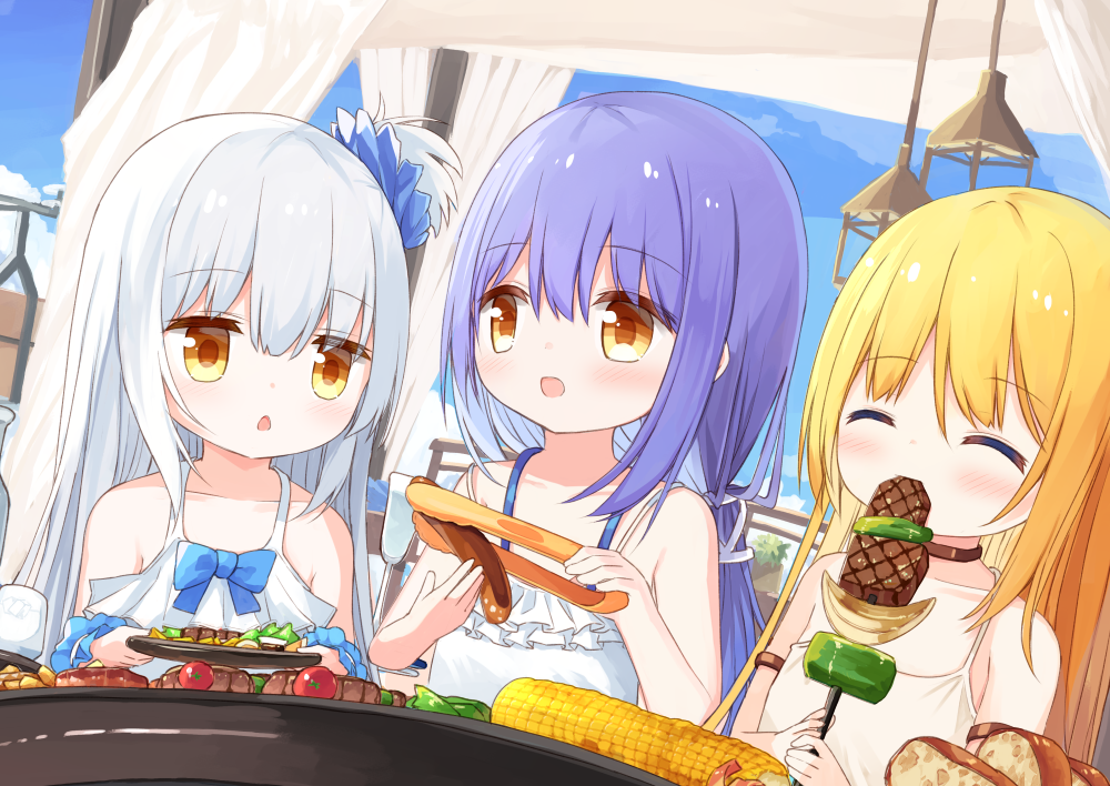 3girls :d ^_^ barbecue bare_arms bare_shoulders blonde_hair blue_bow blush bow brown_choker brown_eyes choker closed_eyes closed_mouth collarbone corn day dress eating food hair_ribbon holding holding_food holding_plate meat multiple_girls one_side_up open_mouth original parted_lips plate purple_hair ribbon silver_hair sleeveless sleeveless_dress smile tongs white_dress white_ribbon yuuhagi_(amaretto-no-natsu)