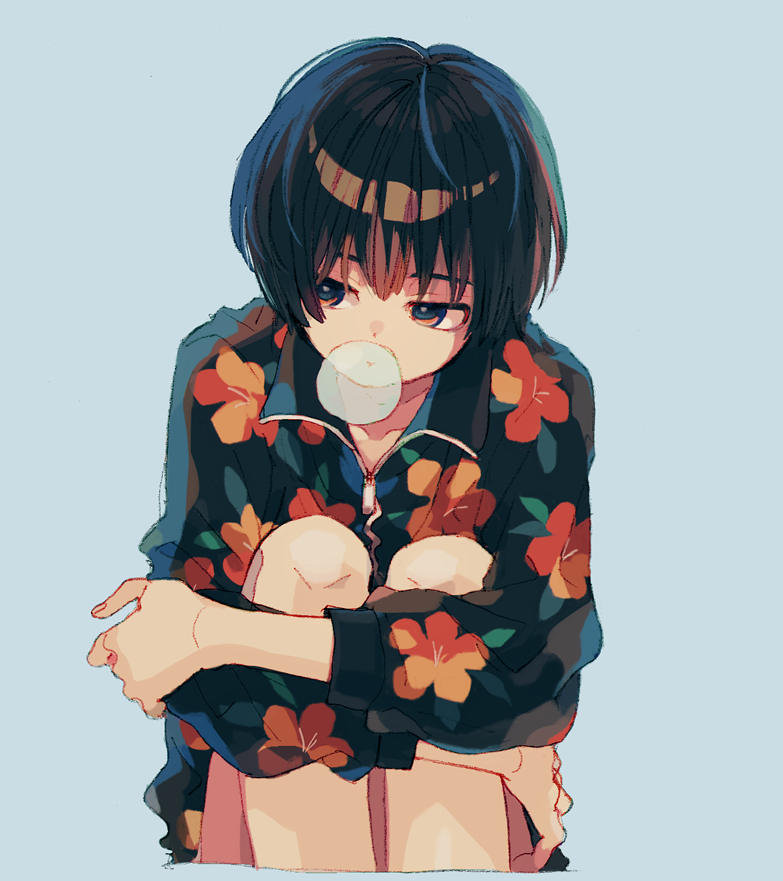 1other androgynous black_eyes black_hair blue_background bubble_blowing chewing_gum closed_mouth fingernails floral_print jacket ka_(marukogedago) leg_hug long_sleeves looking_to_the_side original popped_collar short_hair simple_background sitting solo