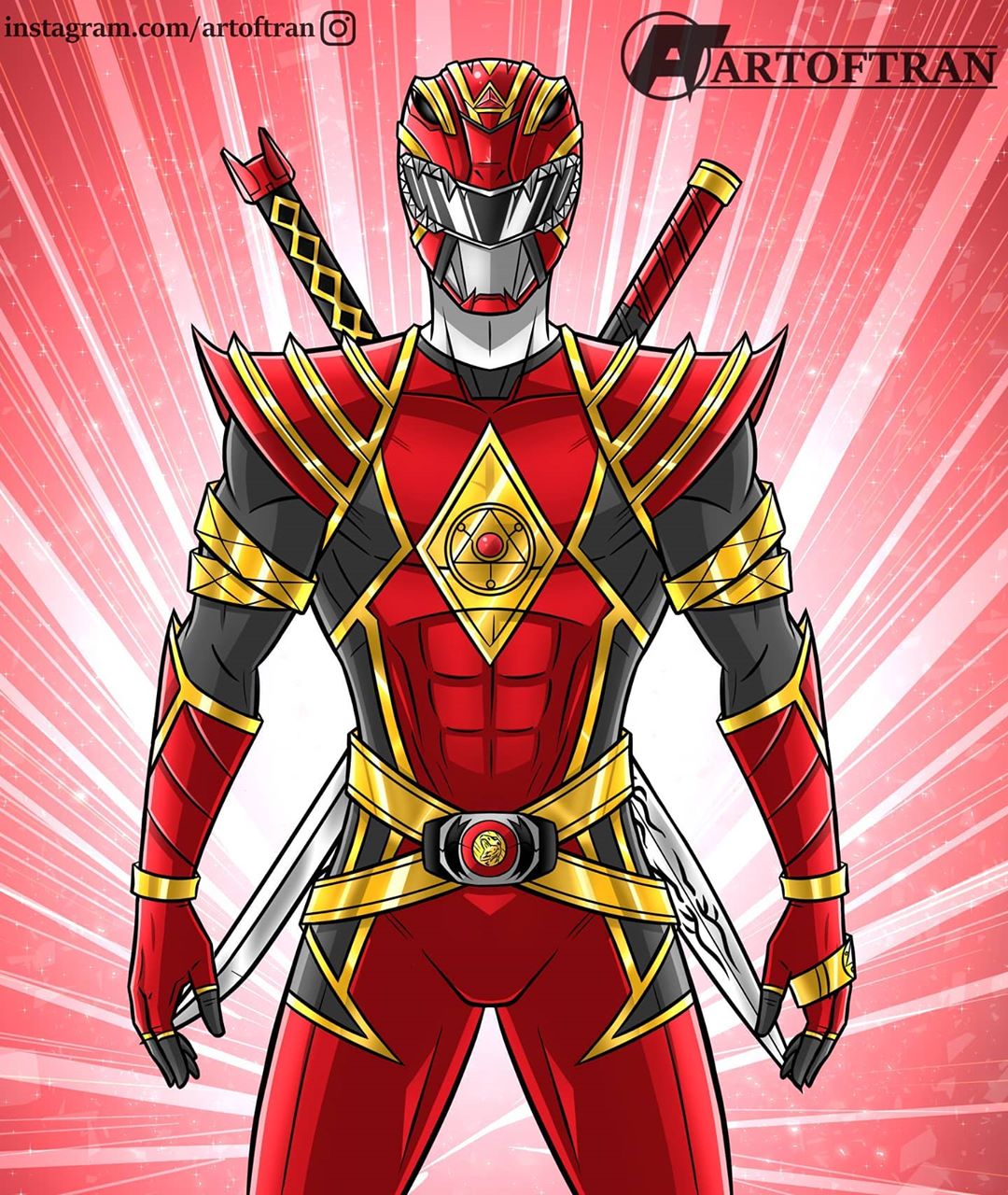 1boy artist_name artoftran belt belt_buckle bodysuit buckle helmet highres instagram_username mighty_morphin_power_rangers omega_red_ranger power_rangers red_background red_bodysuit red_helmet red_ranger rocky_desantos saban_entertainment shoulder_armor signature_artist_name sword sword_on_back weapon