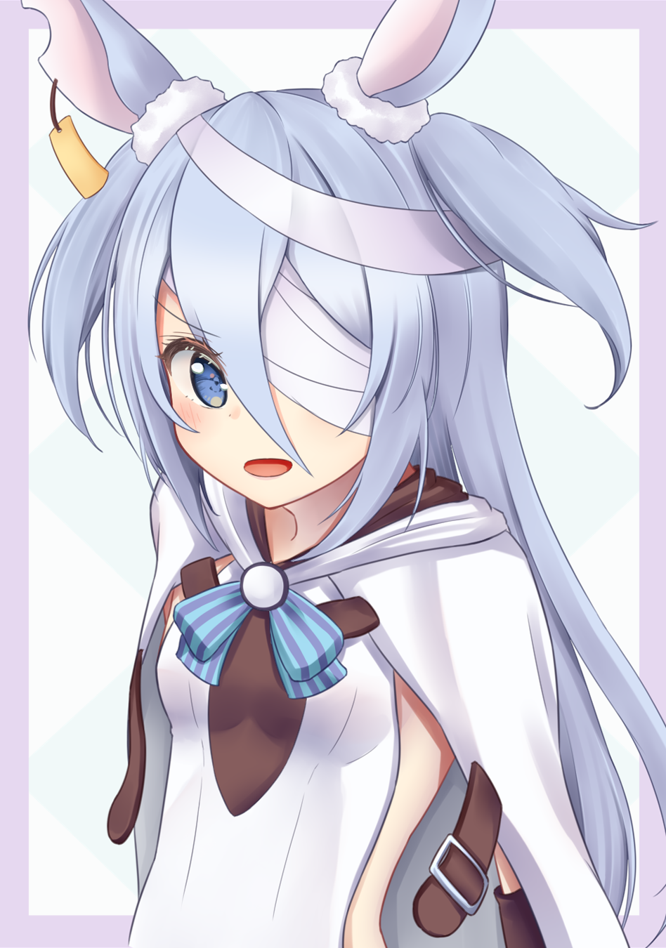 1girl animal_ears bandage_over_one_eye bandages blue_eyes cloak commentary_request ear_tag highres little_witch_nobeta long_hair minakami_mimimi monica_(little_witch_nobeta) open_mouth rabbit_ears silver_hair smile solo tabard two_side_up upper_body white_cloak white_tabard