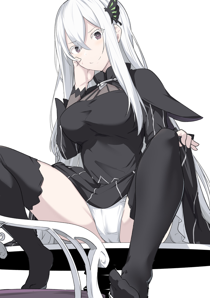 1girl bangs black_capelet black_dress black_legwear blush breasts butterfly_hair_ornament capelet chair closed_mouth dress echidna_(re:zero) hair_between_eyes hair_ornament large_breasts legs long_hair long_sleeves panties re:zero_kara_hajimeru_isekai_seikatsu shiseki_hirame silver_hair simple_background sitting sitting_on_table striped table thigh-highs underwear vertical-striped_dress vertical_stripes violet_eyes white_background white_eyelashes white_panties