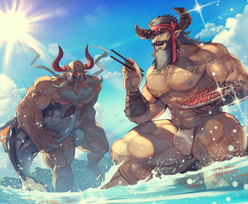 2boys abs alternate_costume bald bara bare_chest beard bulge character_request chest clouds cloudy_sky draph erune facial_hair feet_out_of_frame fish granblue_fantasy hair_ornament headband horns male_focus male_swimwear manly multiple_boys muscle mustache navel navel_hair nipples open_mouth redluck rybiokaoru short_hair sky smile sparkle summer sun sunglasses sunlight swim_briefs swimwear thick_thighs thighs water
